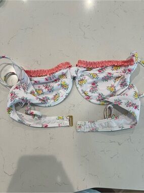 Heavy Manners White Floral Bikini Top with Pink Ruffle Trim